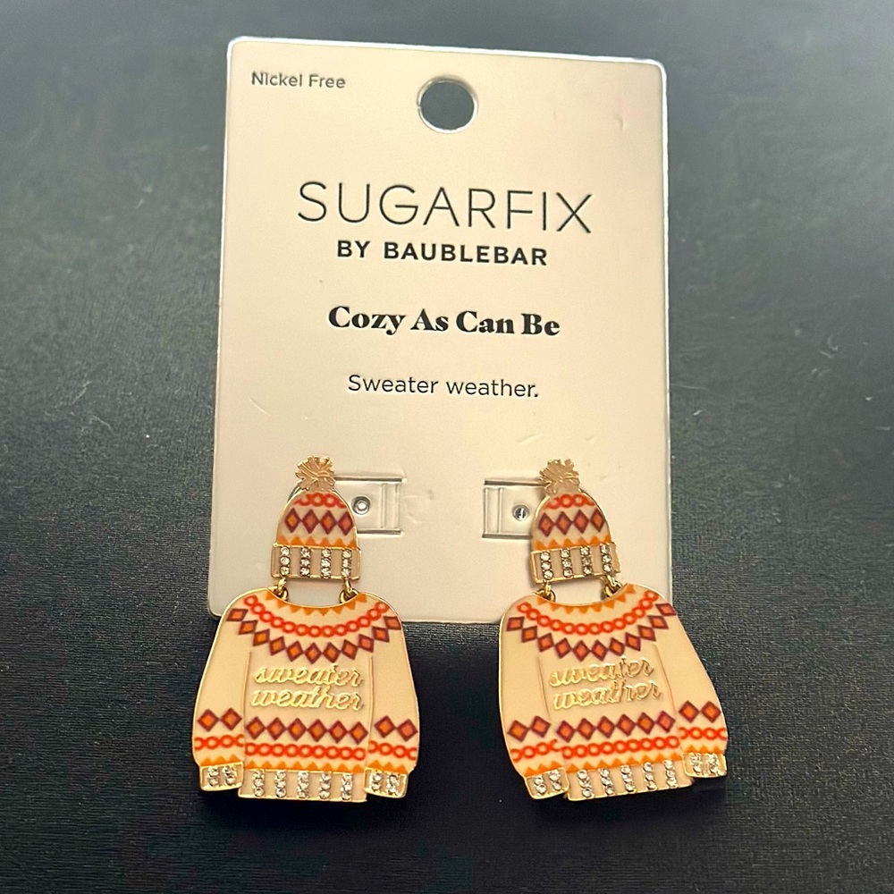 SugarFix Baublebar cozy, as can be sweater,weather earrings, orange brown ivory
